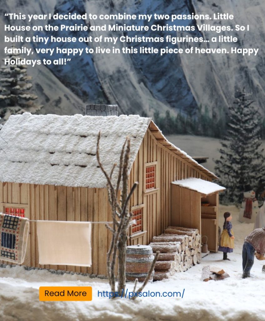 “This year I decided to combine my two passions. Little House on the Prairie and Miniature Christmas Villages. So I built a tiny house out of my Christmas figurines… a little family, very happy to live in this little piece of heaven. Happy Holidays to all!”